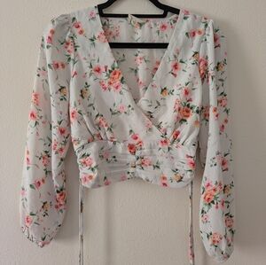 Meraki White Rose Floral Crop Top Long Sleeve Cinch Waist Women's sz S